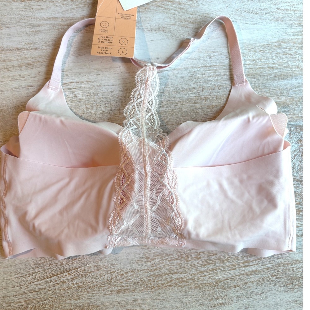 True & Co Size L True Body Lace Racerback Triangle Bra Womens Pale Pink - Picture 2 of 5